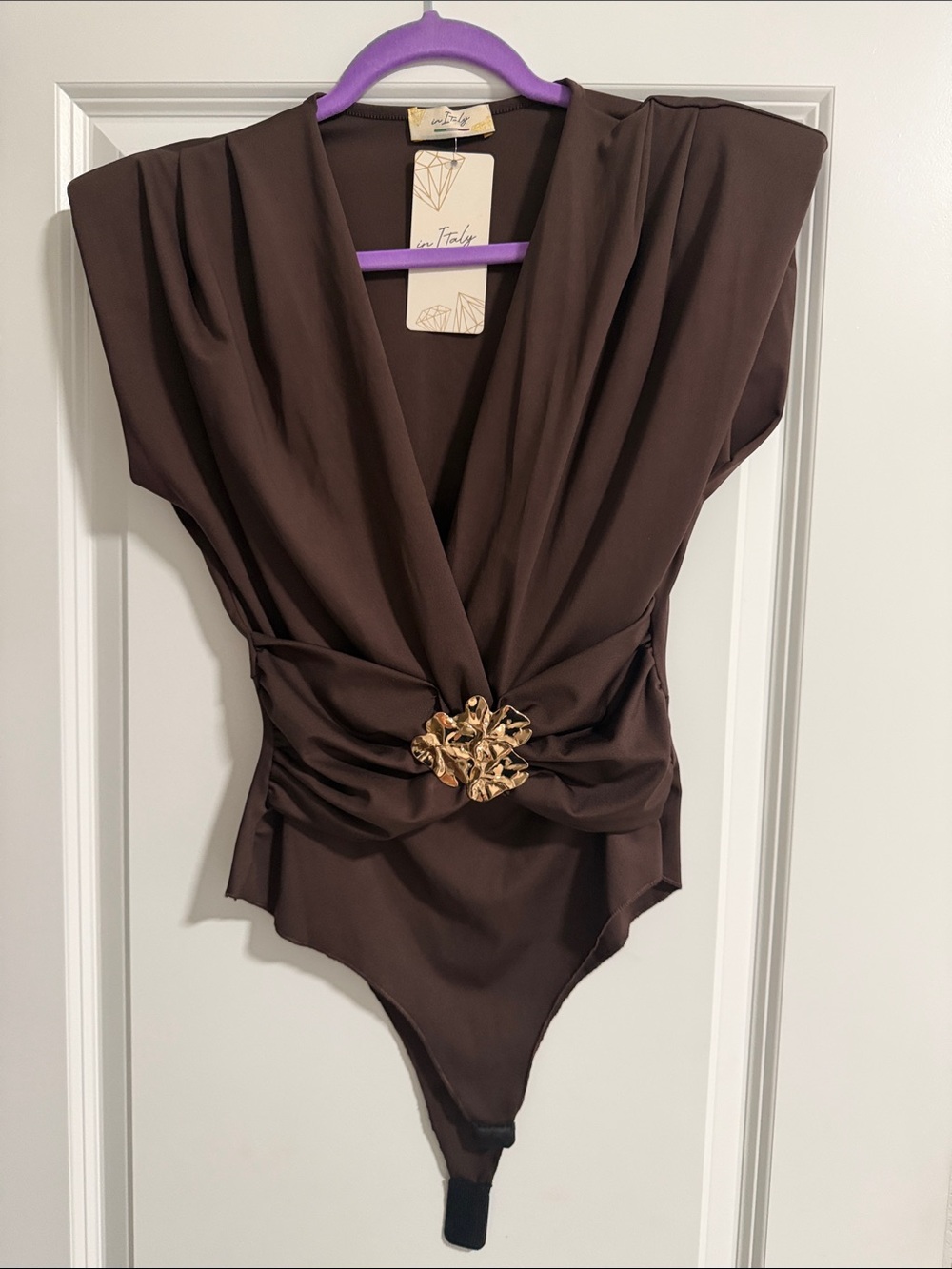 Women’s Chocolate Brown V-Neck Bodysuit with Gold Accent